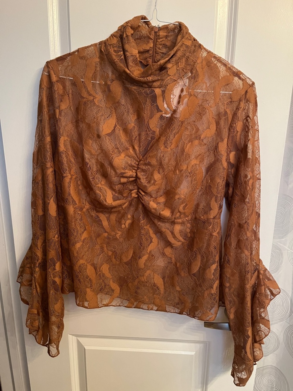 NWT H&M Sheer Lace Twist-Front Long-Sleeve Top in Rust